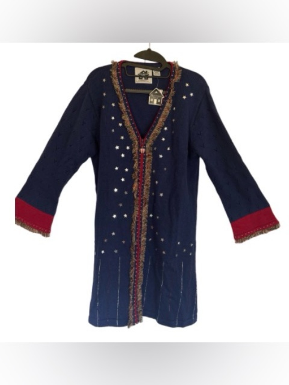 Storybook Knits Navy Blue Cardigan with Red Trim patriotic metallic stars - Picture 3 of 10